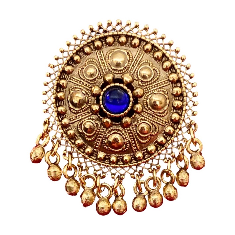 Indian Embellished Gold Tone Antique Jhumka Blue Stone Sari Saree Pin Brooch